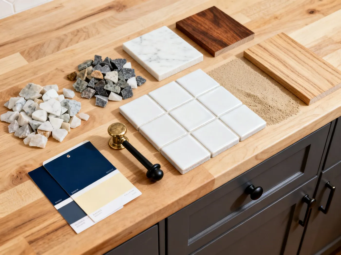 Material samples for a residential remodeling project — tile, cabinetry, and countertop selections