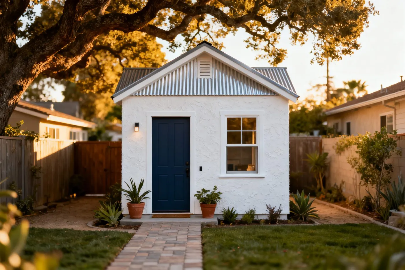 Newly built detached ADU cottage in a California residential backyard