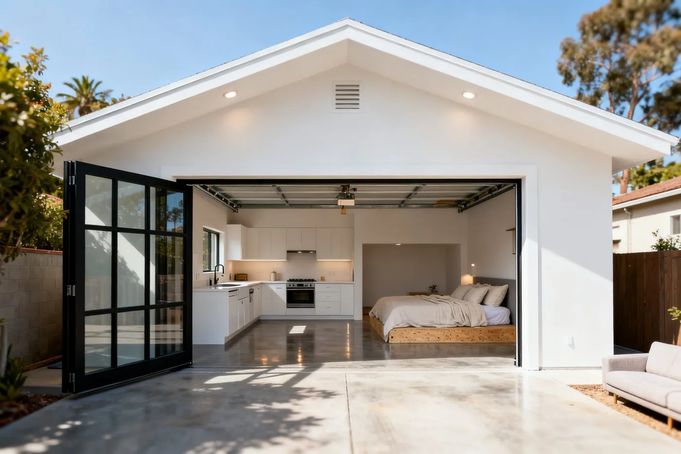 Finished garage conversion transformed into a bright modern studio apartment