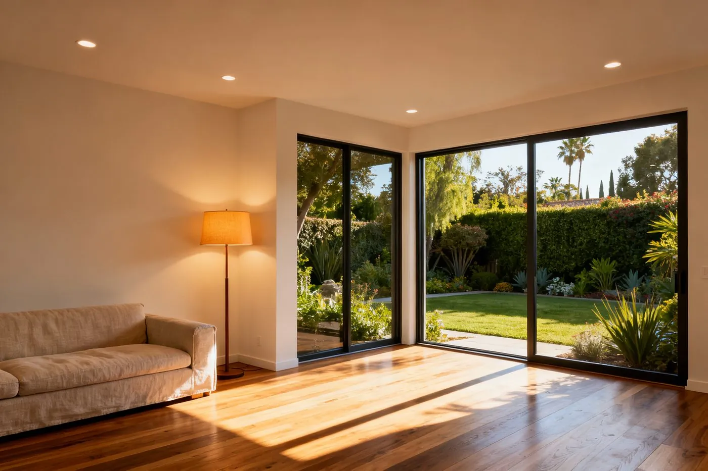 Newly built room addition with warm lighting and neutral interior finishes