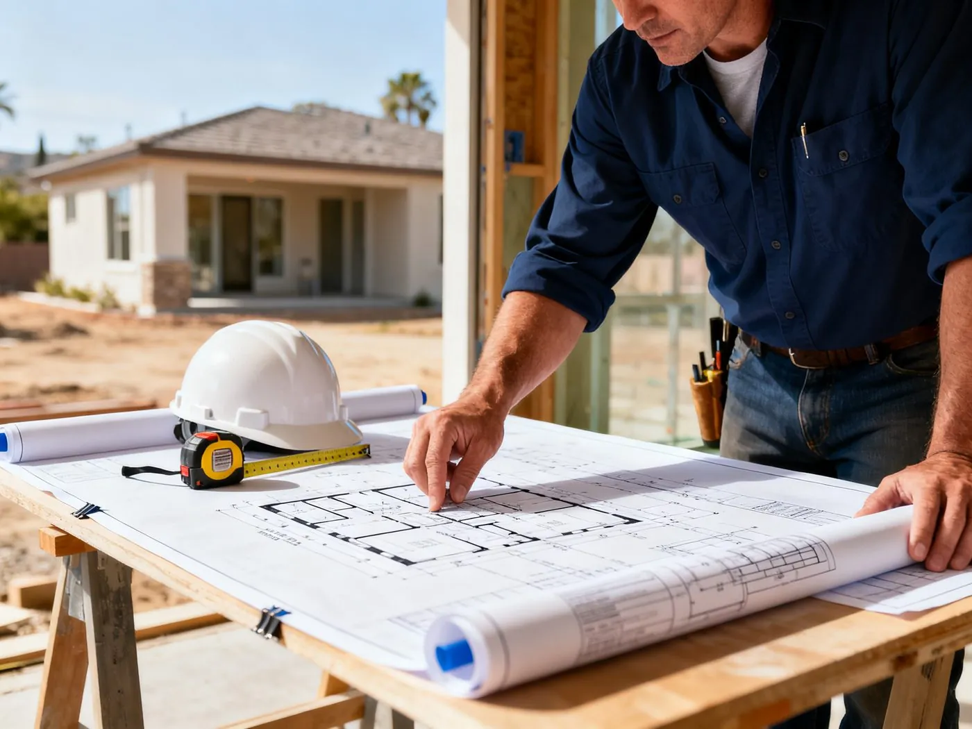 Contractor reviewing approved building permit plans for a residential addition