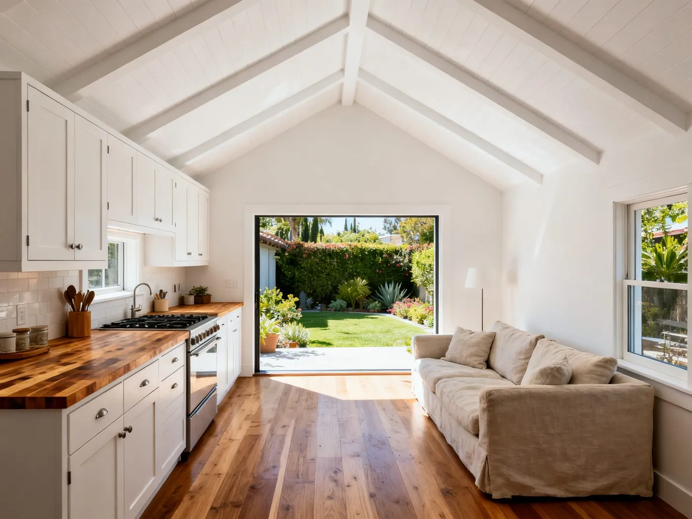 Finished ADU interior with open-plan kitchen and living area — bright and modern
