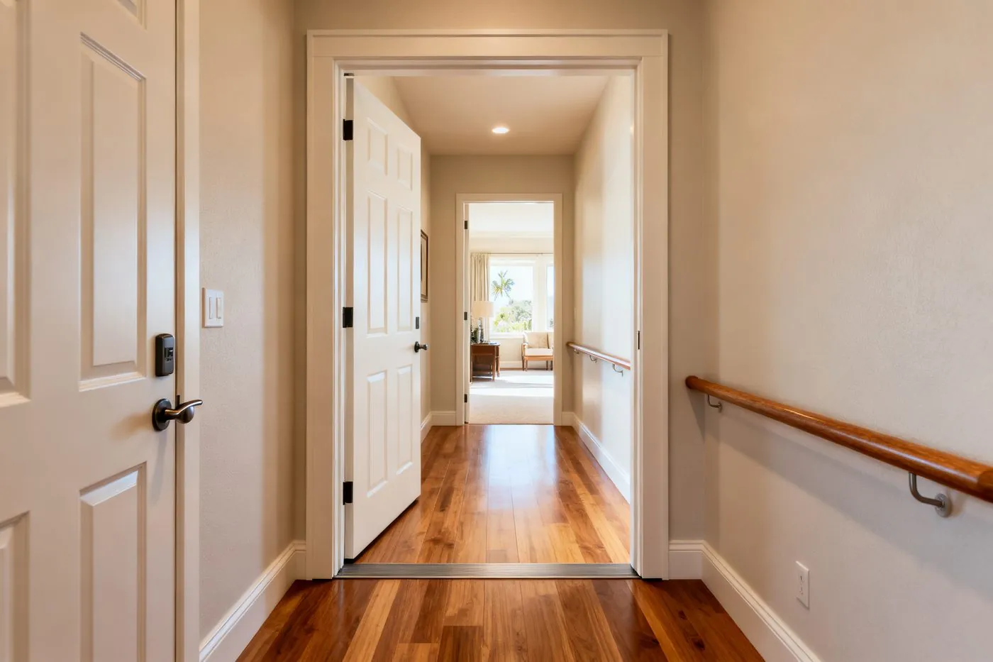 Widened doorway and hallway with a wall handrail and level threshold for accessibility