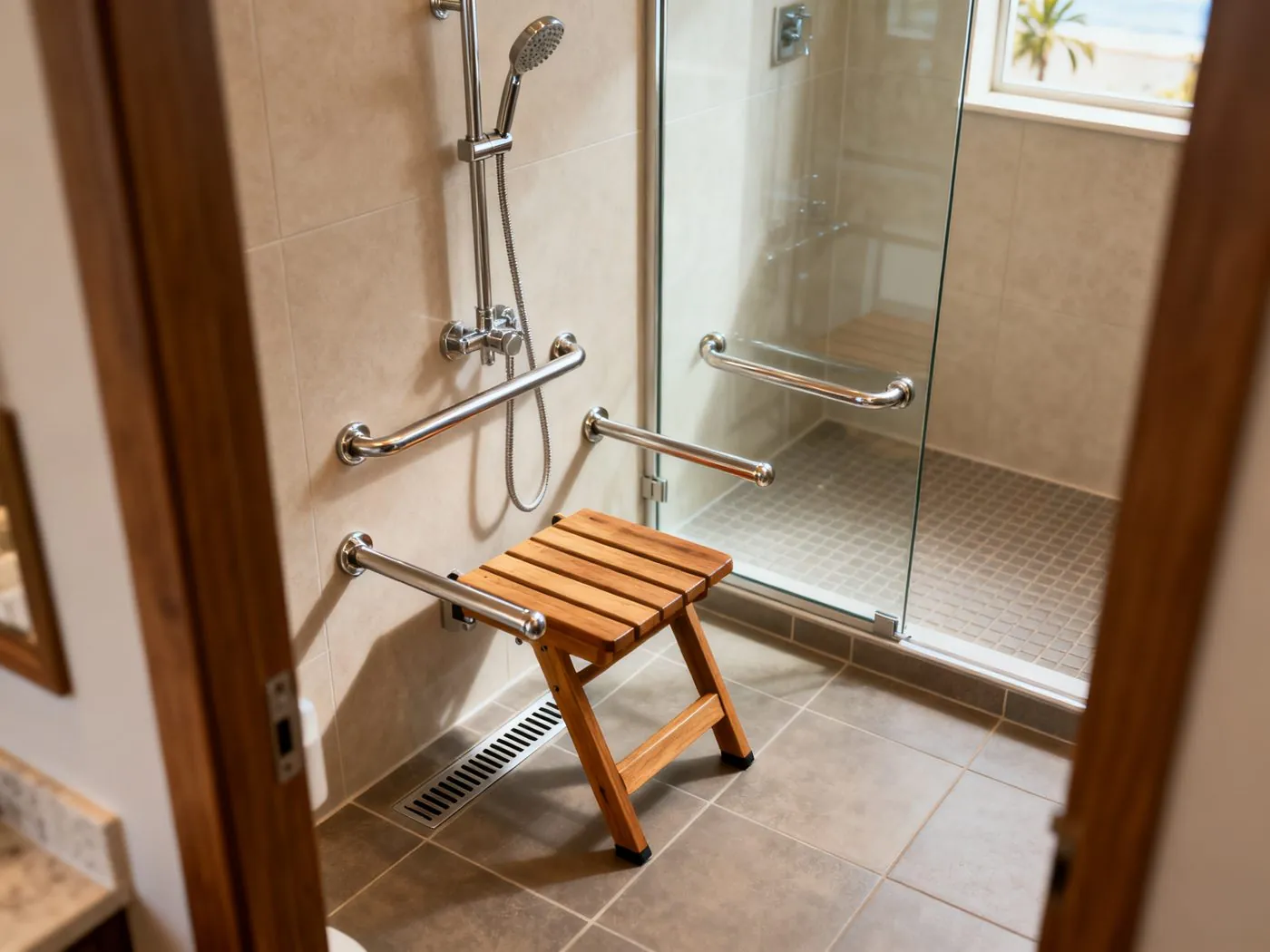 Zero-threshold walk-in shower with seat and grab bars — accessible bathroom remodeling