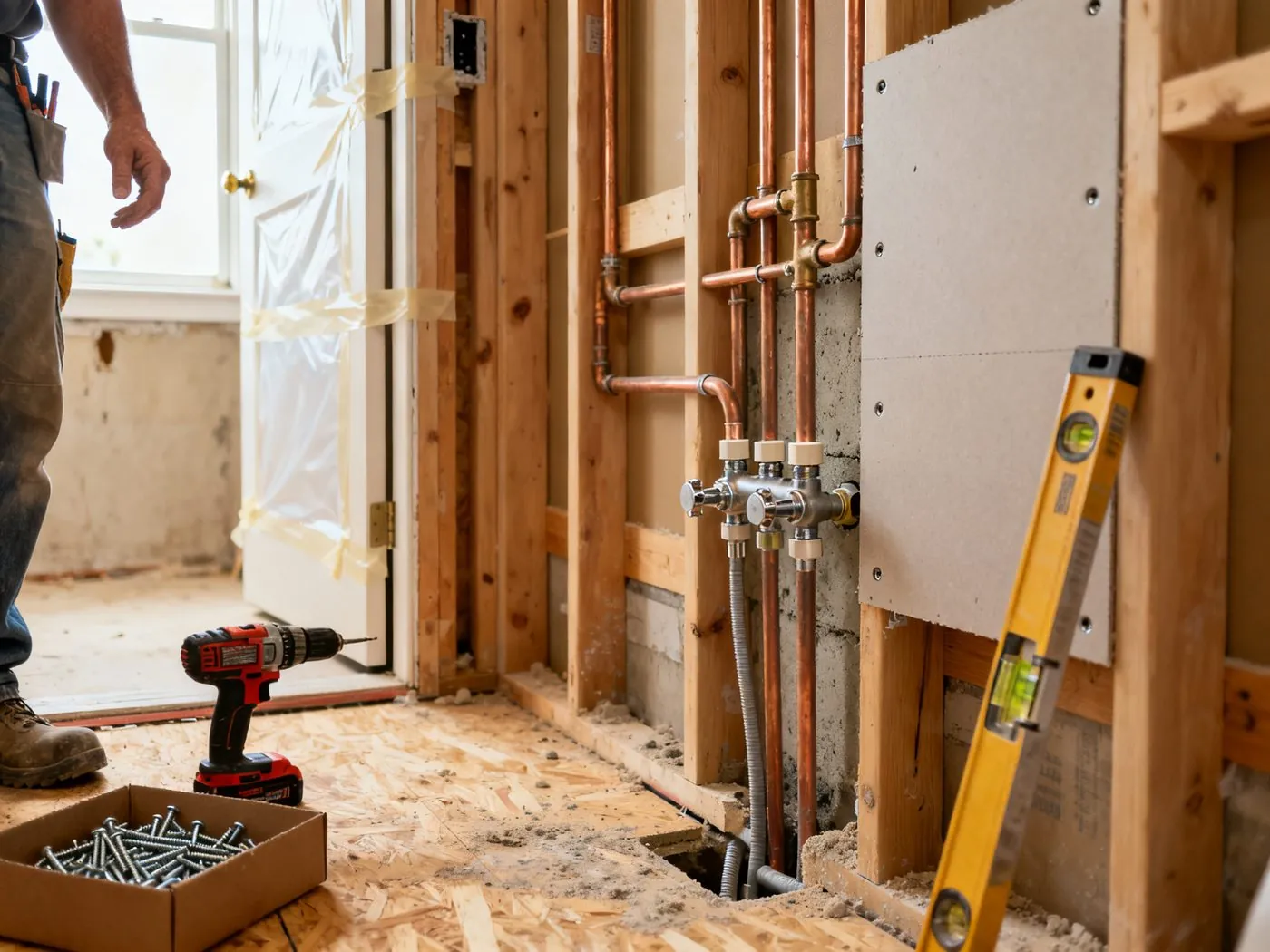 Bathroom renovation in progress — plumbing rough-in and tile backer board installation