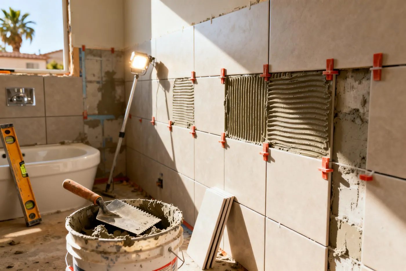 Full bathroom renovation in progress with new tile installation