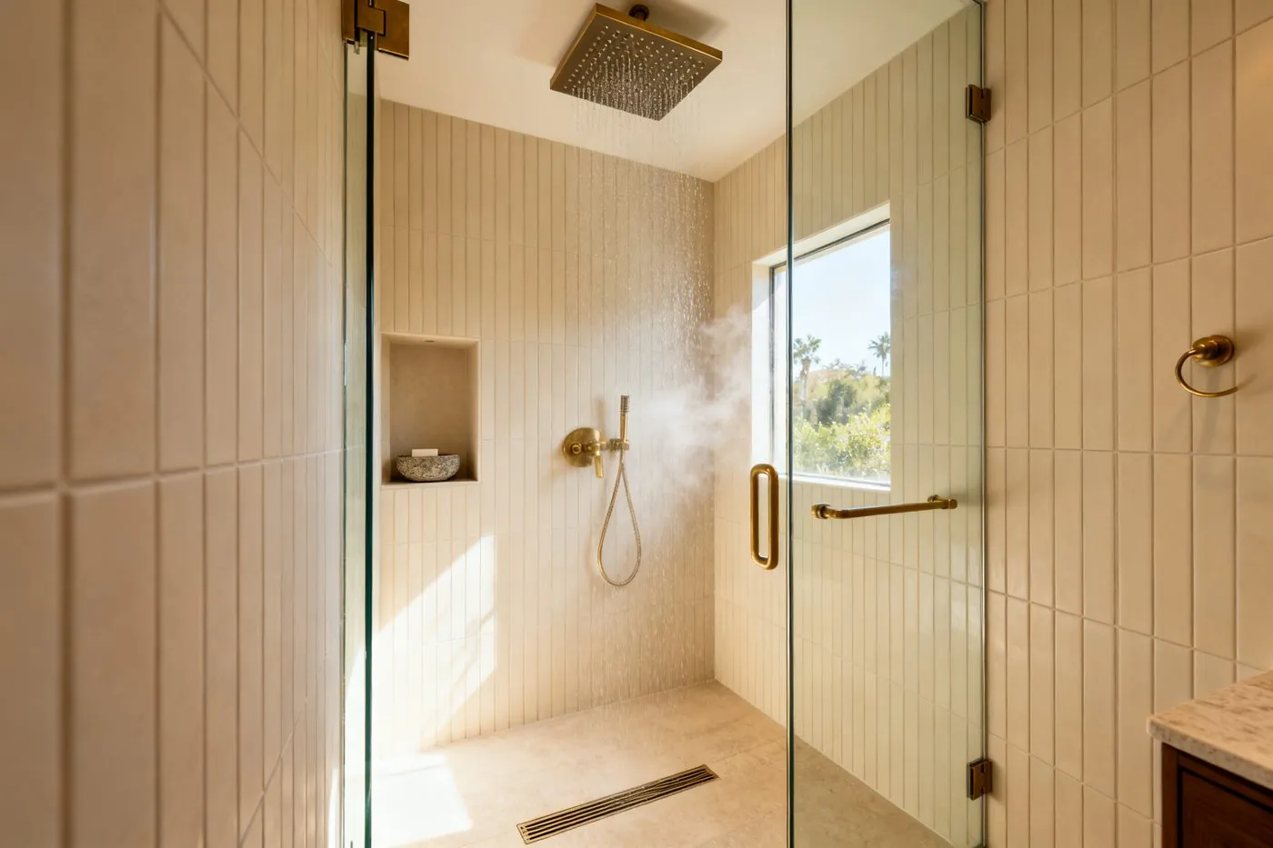 Luxury walk-in shower with frameless glass door and rain shower head