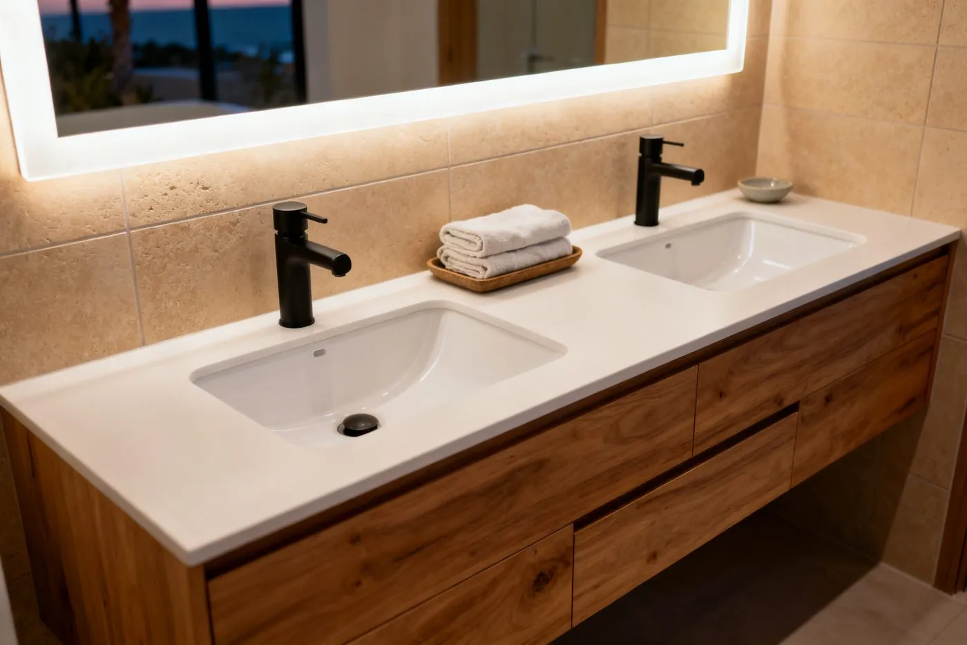 Modern double-sink floating vanity with matte black fixtures and backlit mirror