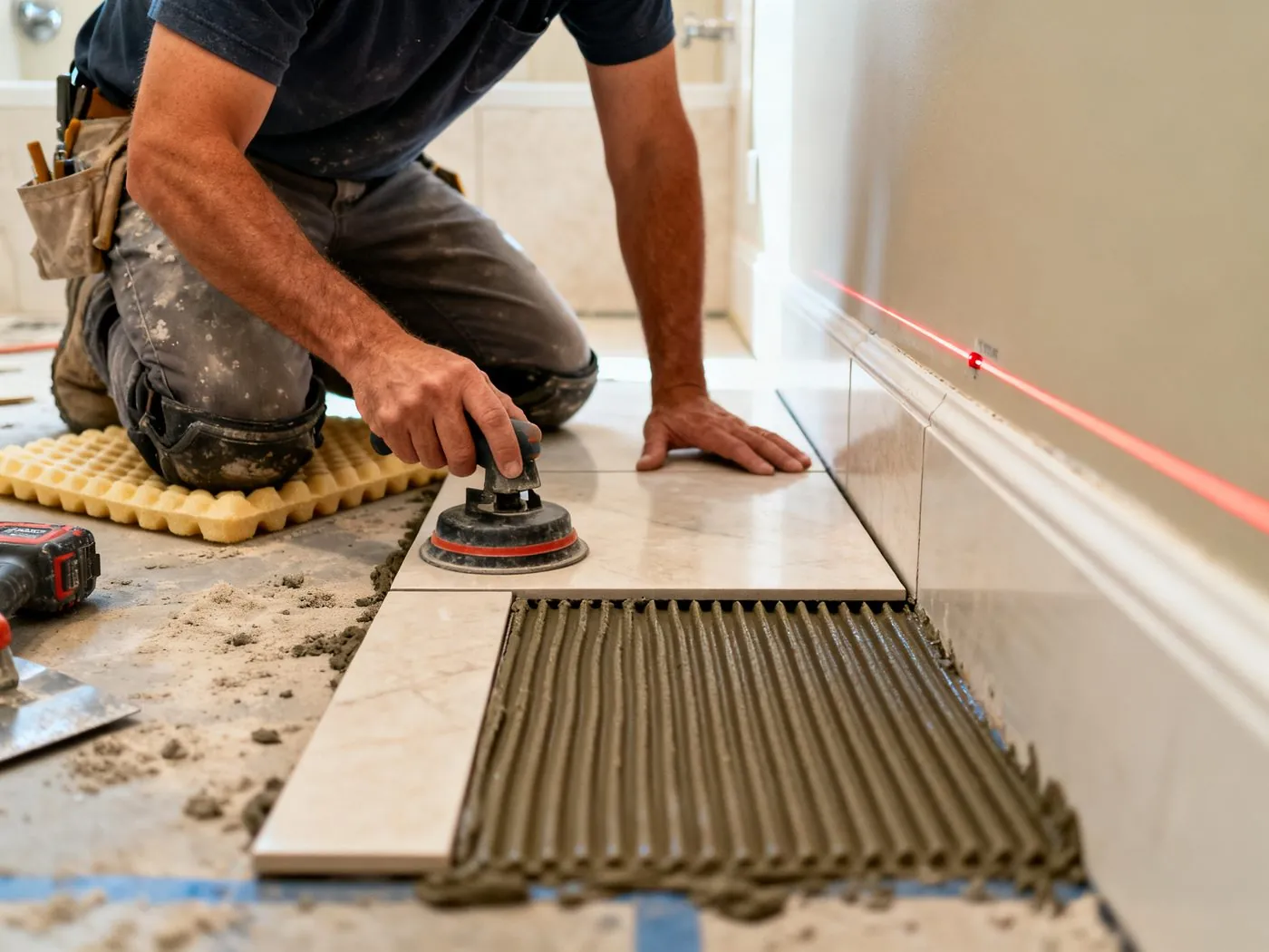 Professional tile setter installing large-format floor tile in a bathroom renovation
