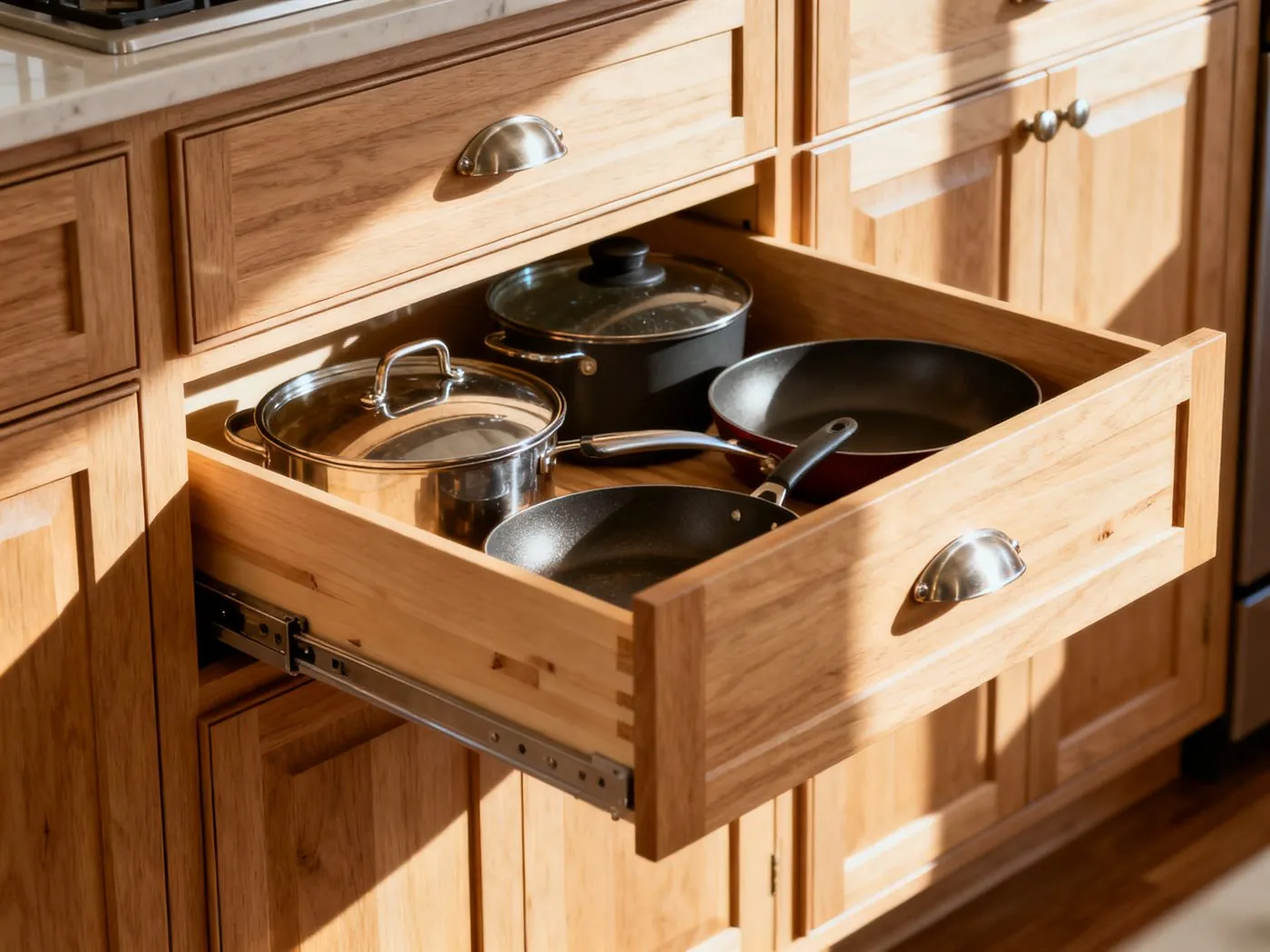 Interior of a custom shaker kitchen cabinet with organized pull-out drawer storage
