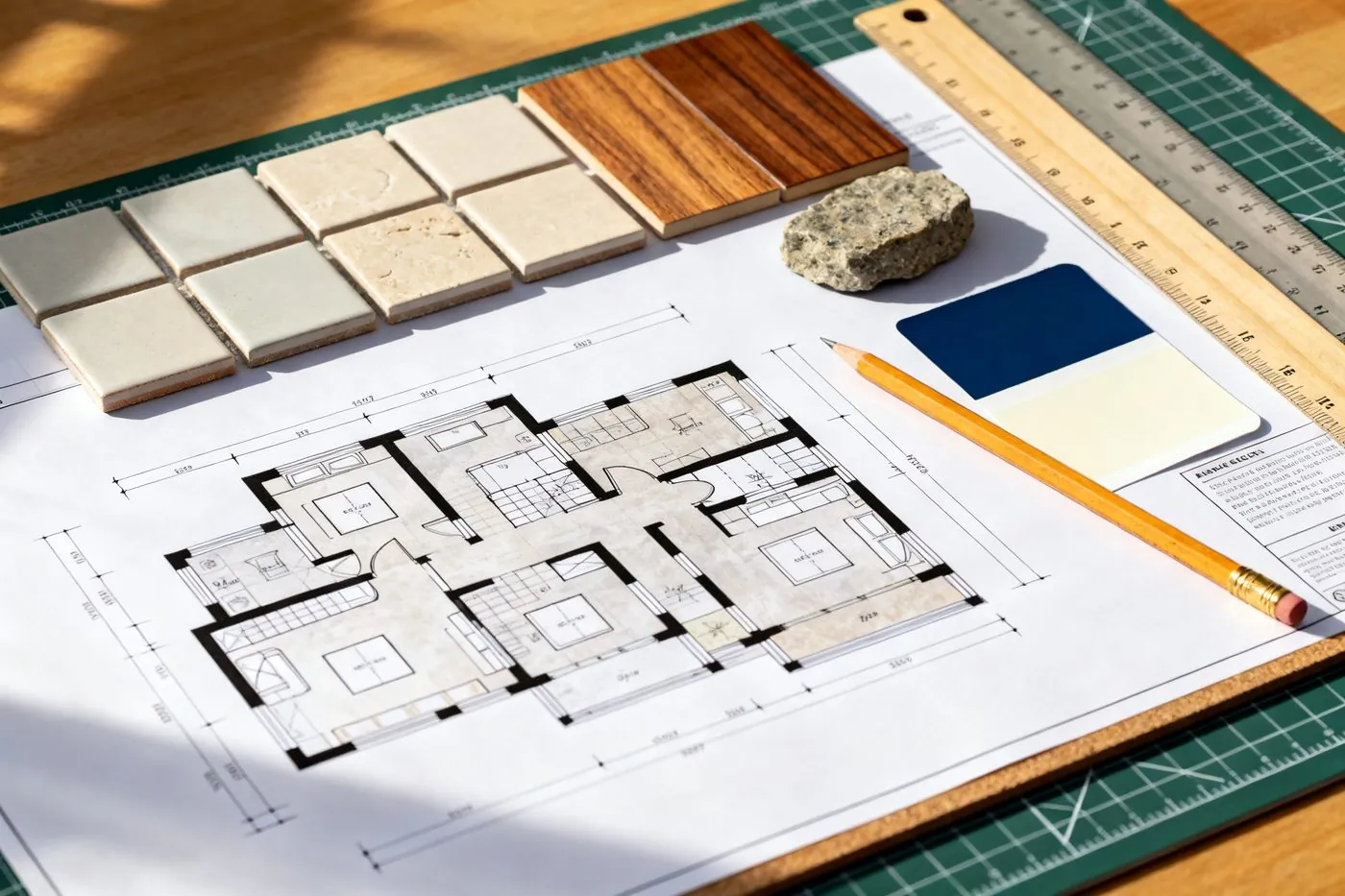 Residential architecture floor plan and design mood board consultation
