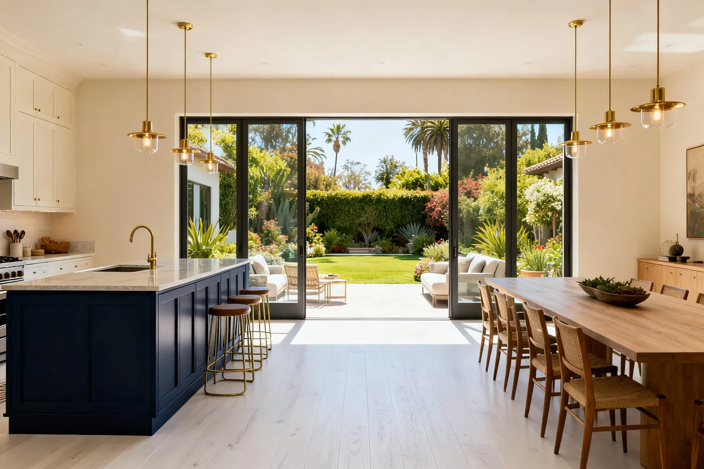 Complete home remodel result — bright open-plan living, dining, and kitchen space