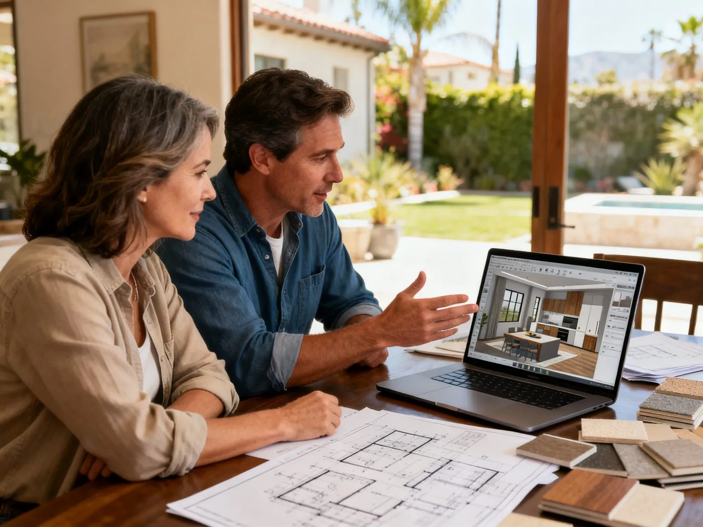 Homeowner reviewing 3D design renderings with a Twin Oaks contractor during a planning session