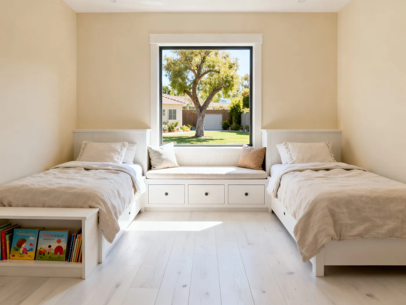 Newly built children's bedroom addition with twin beds, a built-in window seat and oak floors