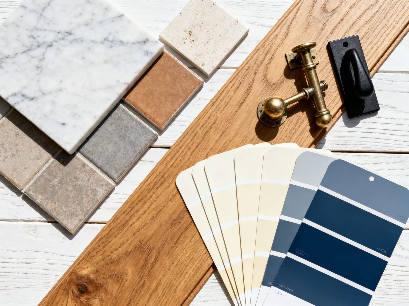 Kitchen material mood board with coordinated tile, flooring, and finish samples