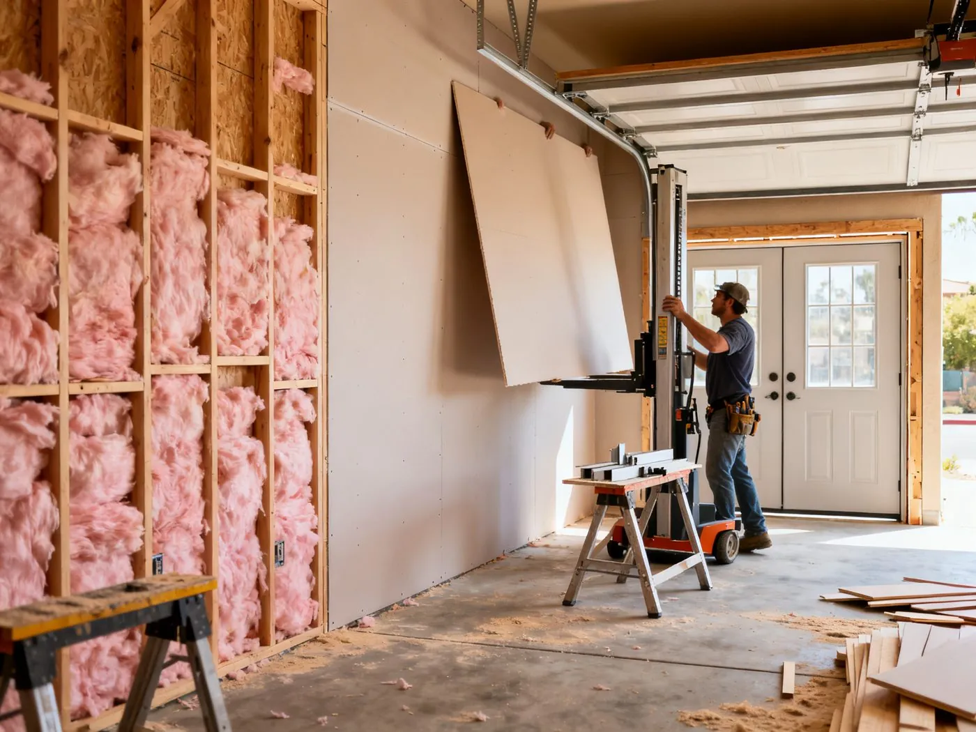 Garage conversion in progress — framing, insulation, and drywall installation underway