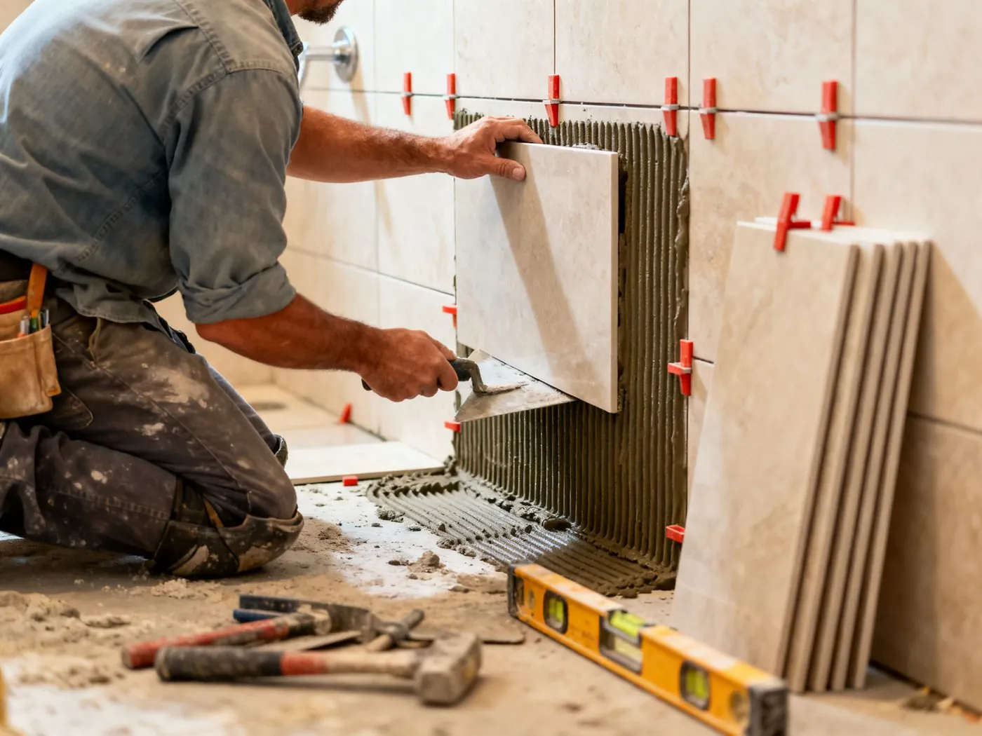 Skilled craftsman carefully installing tile during a bathroom renovation
