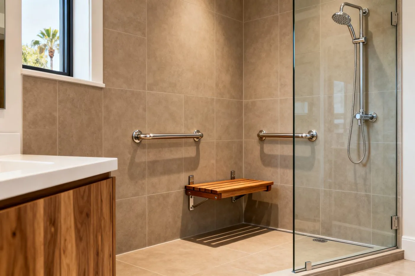 Accessible bathroom renovation with walk-in shower and grab bars for aging-in-place