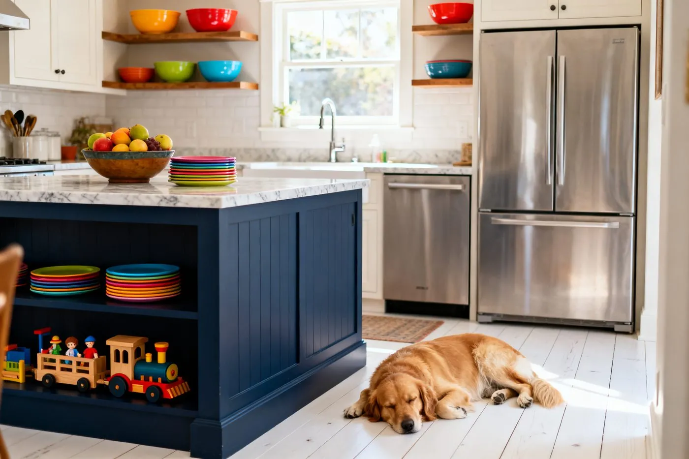 Remodeled family kitchen with a navy island, colorful open shelving and the family dog resting on the floor