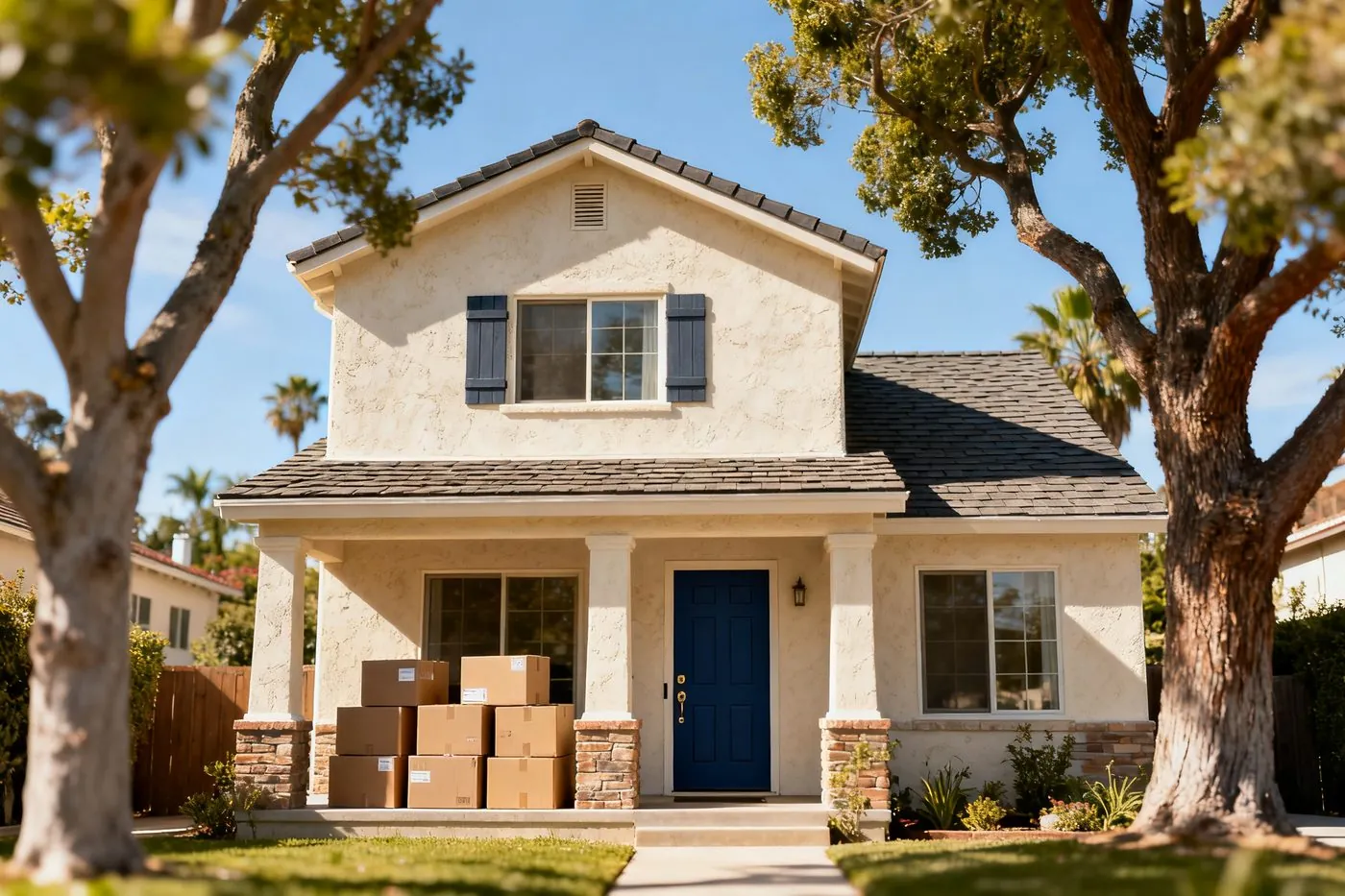 Newly purchased two-story California home with moving boxes on the porch, ready for a remodel