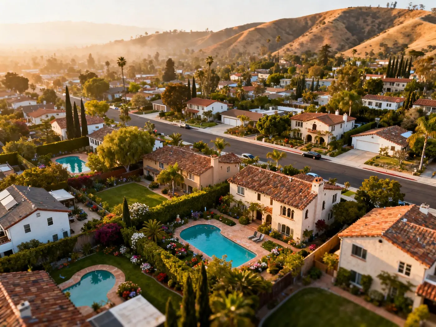 Aerial view of residential neighborhoods across LA and Ventura Counties, California