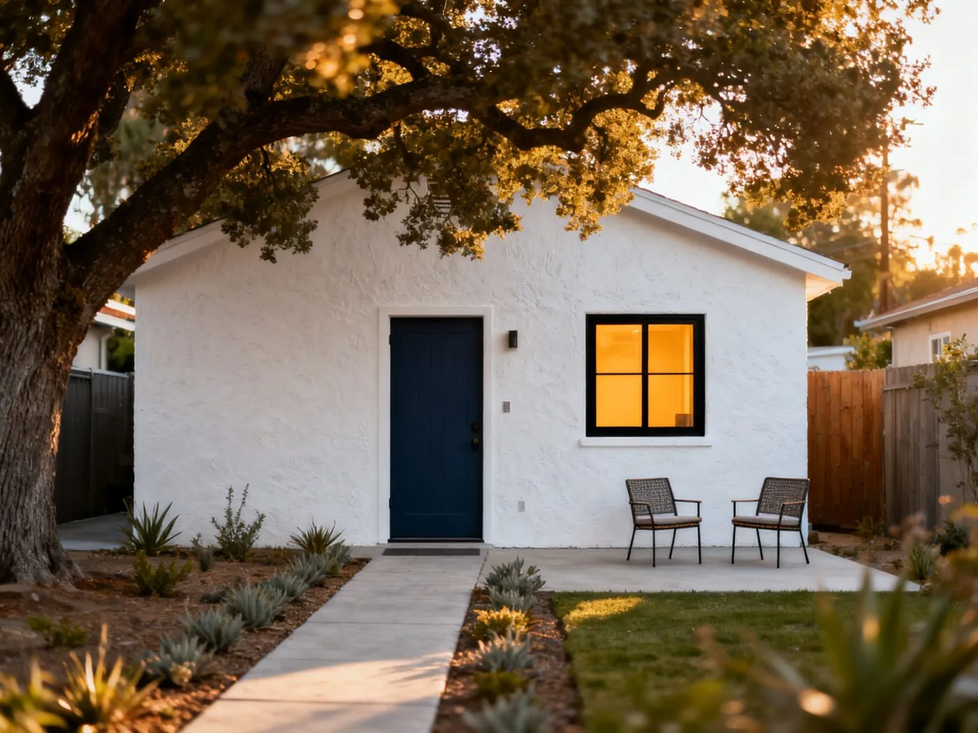 Converted garage studio with its own private entrance and patio in a California backyard