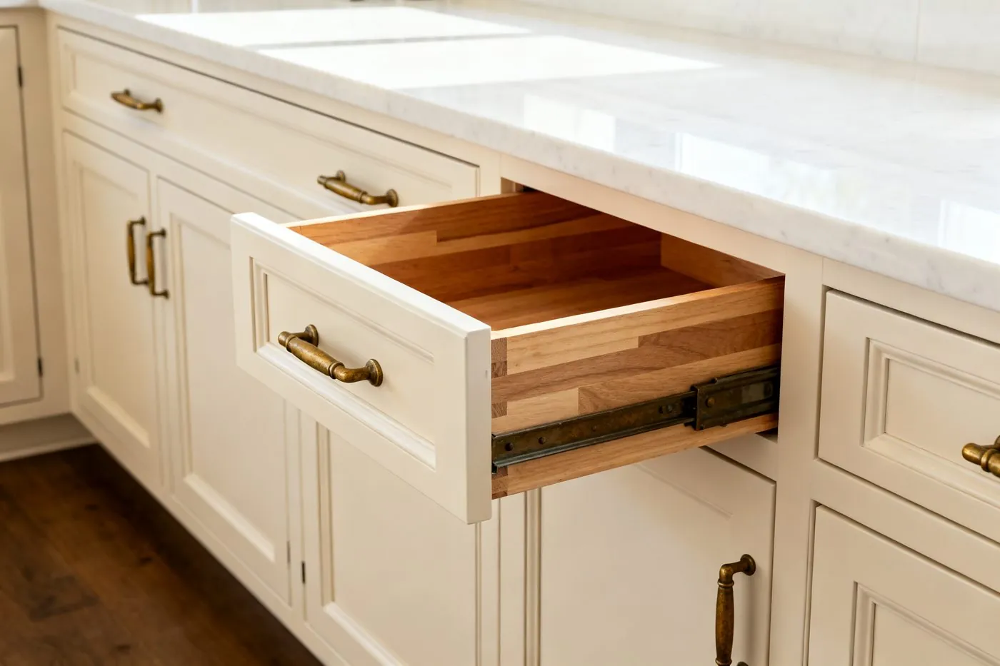 Custom shaker-style kitchen cabinets with brass hardware and quartz countertop