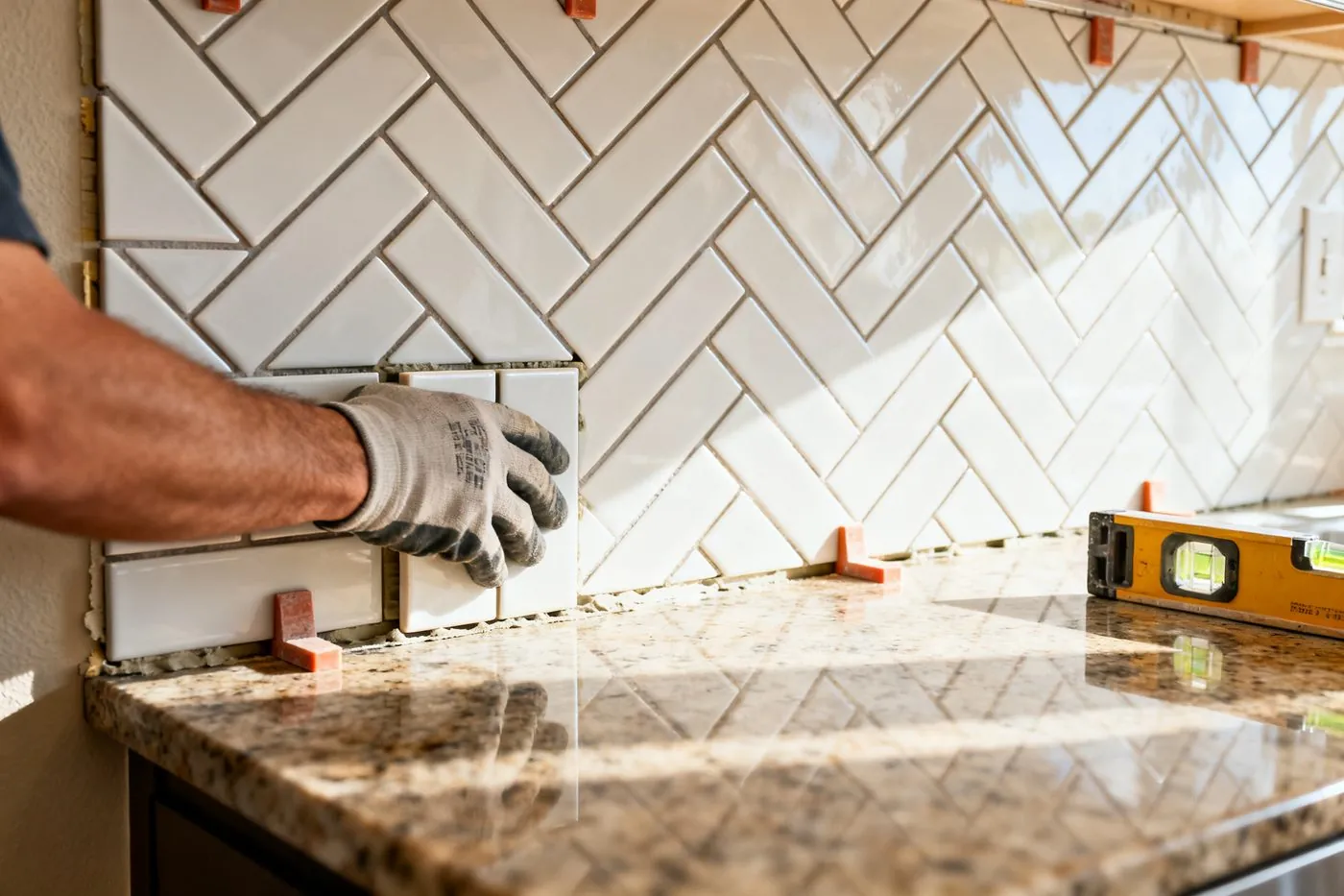 Herringbone subway tile backsplash installation in a residential kitchen remodel