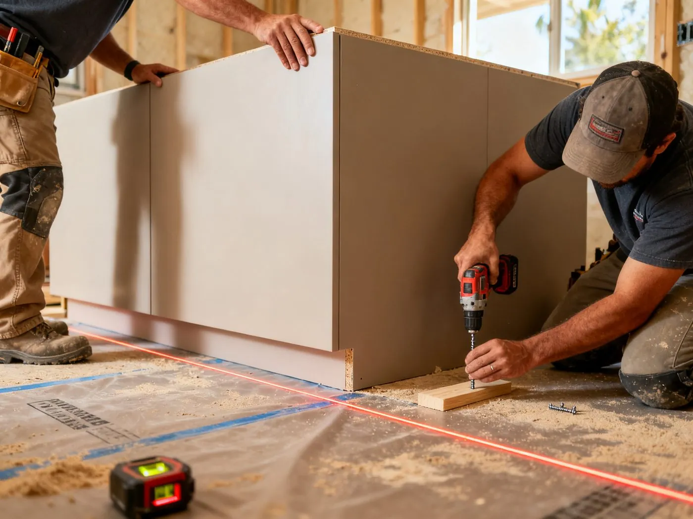Craftsman installing a custom kitchen island during a residential remodel
