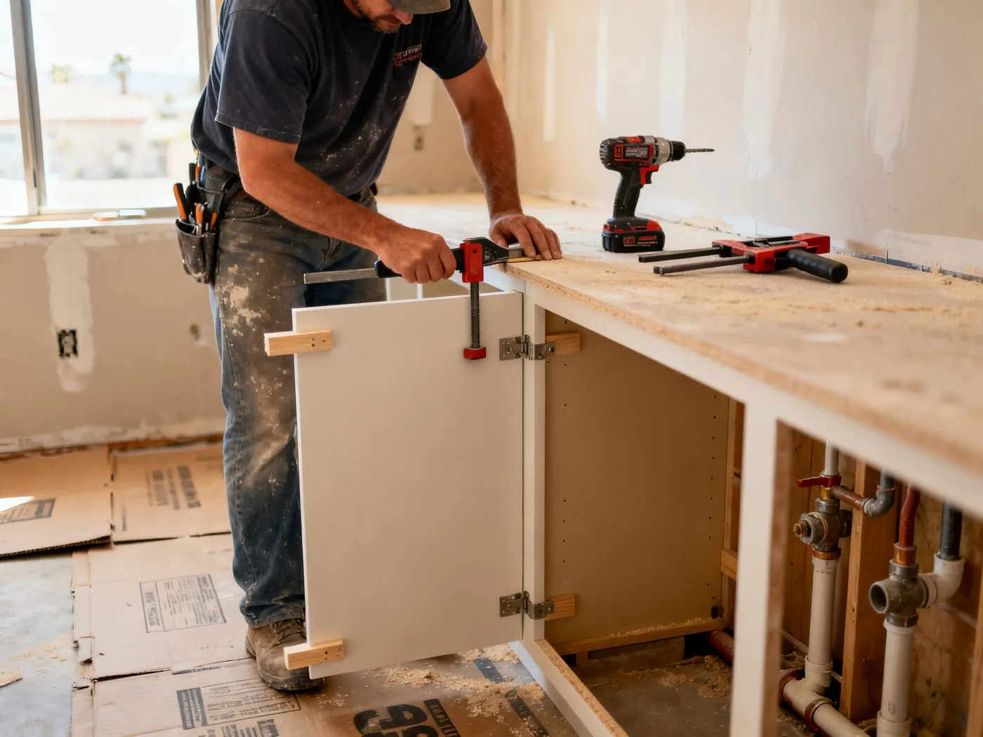 Kitchen renovation in progress — cabinet installation and framing underway