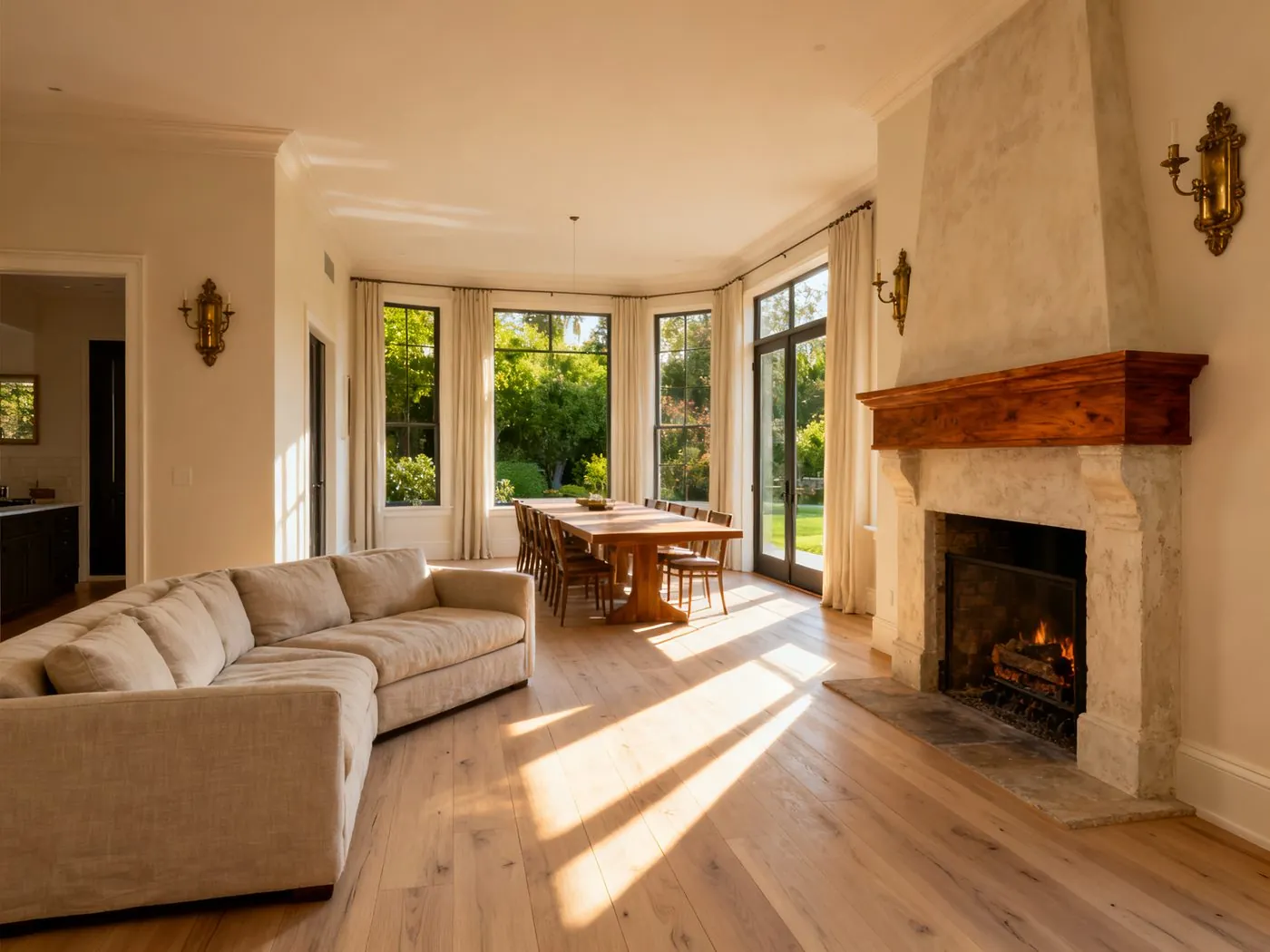 Remodeled open living and dining room with a plastered fireplace and new white oak floors