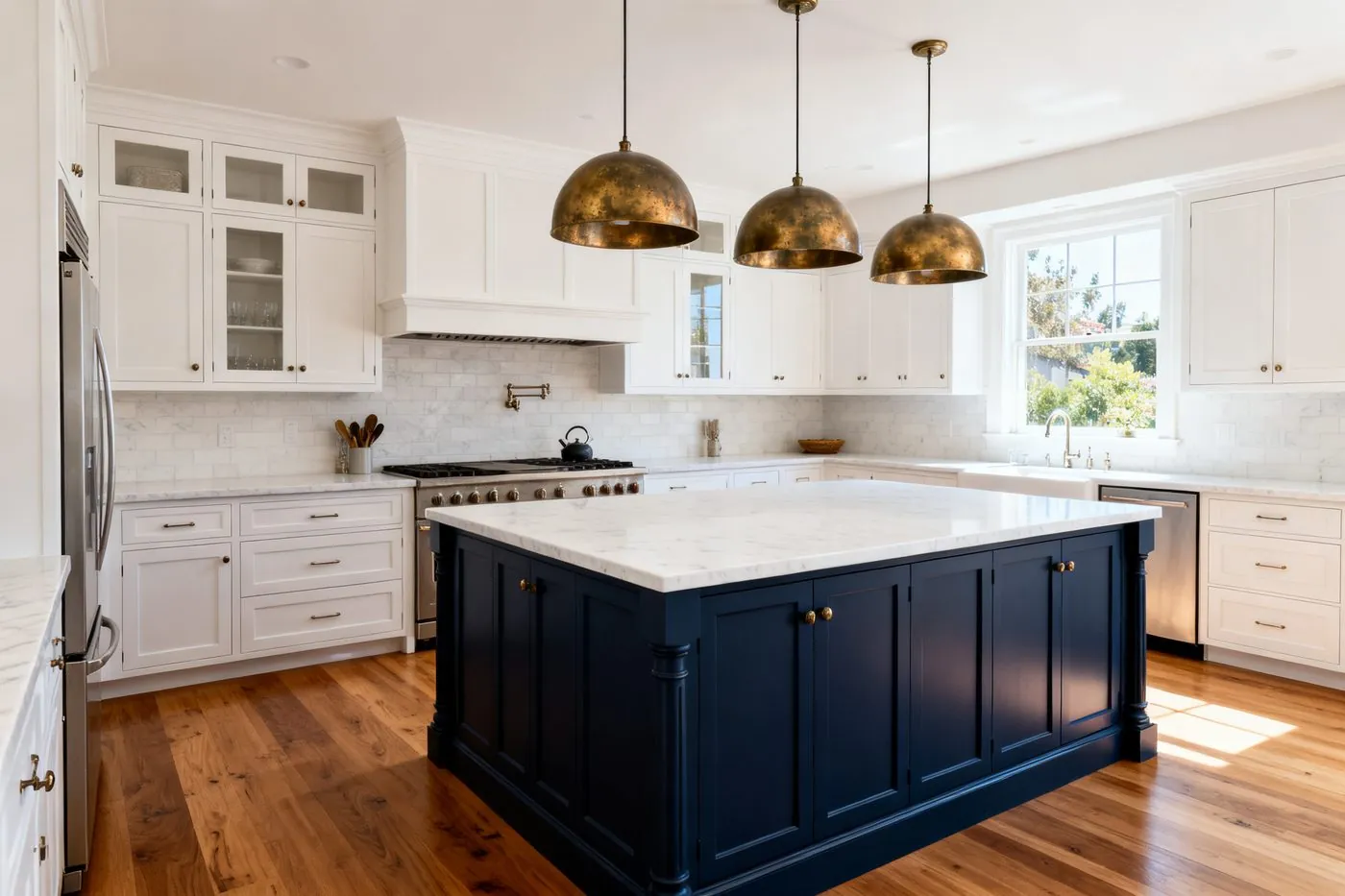 Elegantly renovated modern kitchen with island and pendant lighting