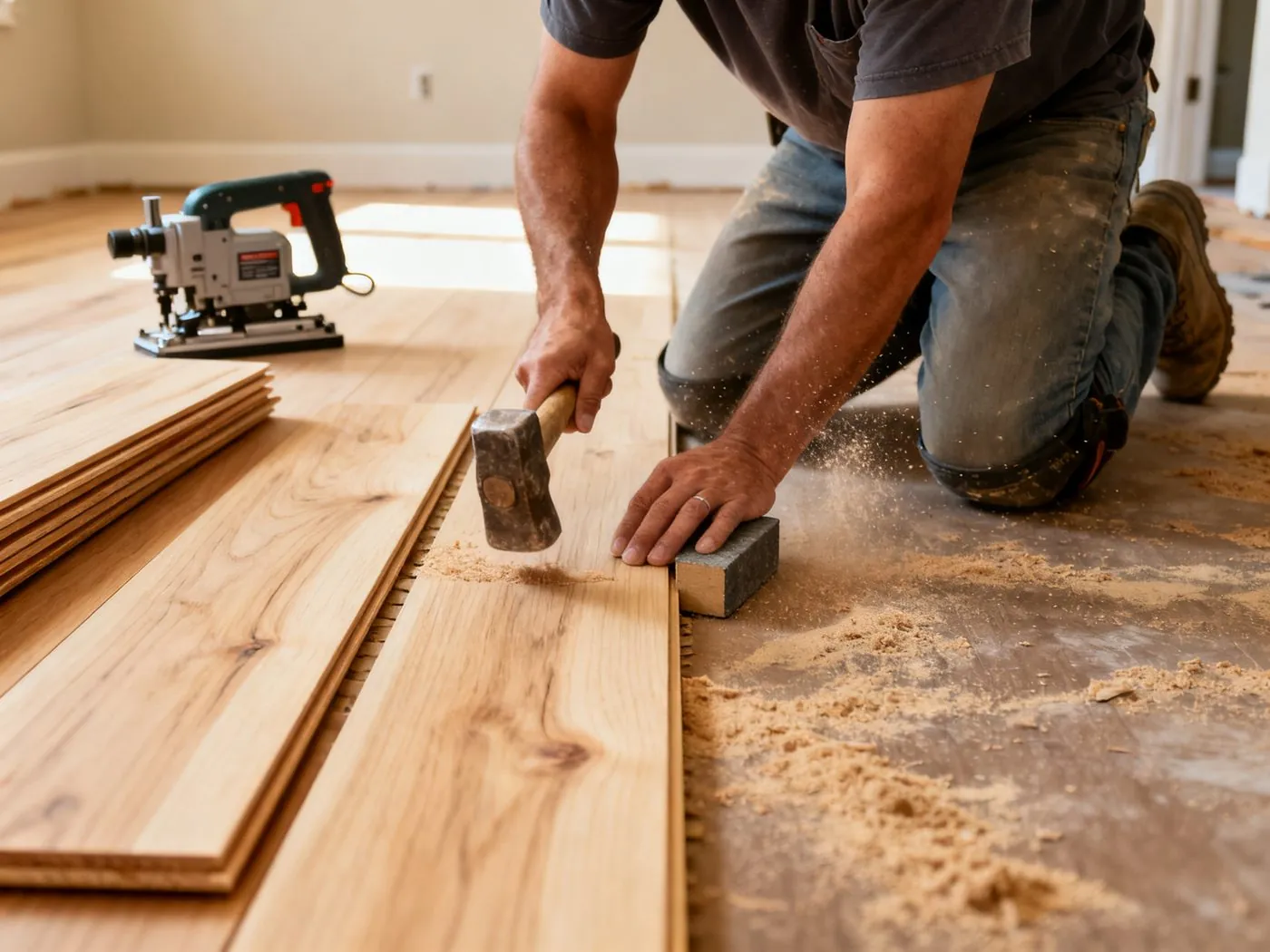 Expert craftsman installing hardwood flooring during a residential renovation