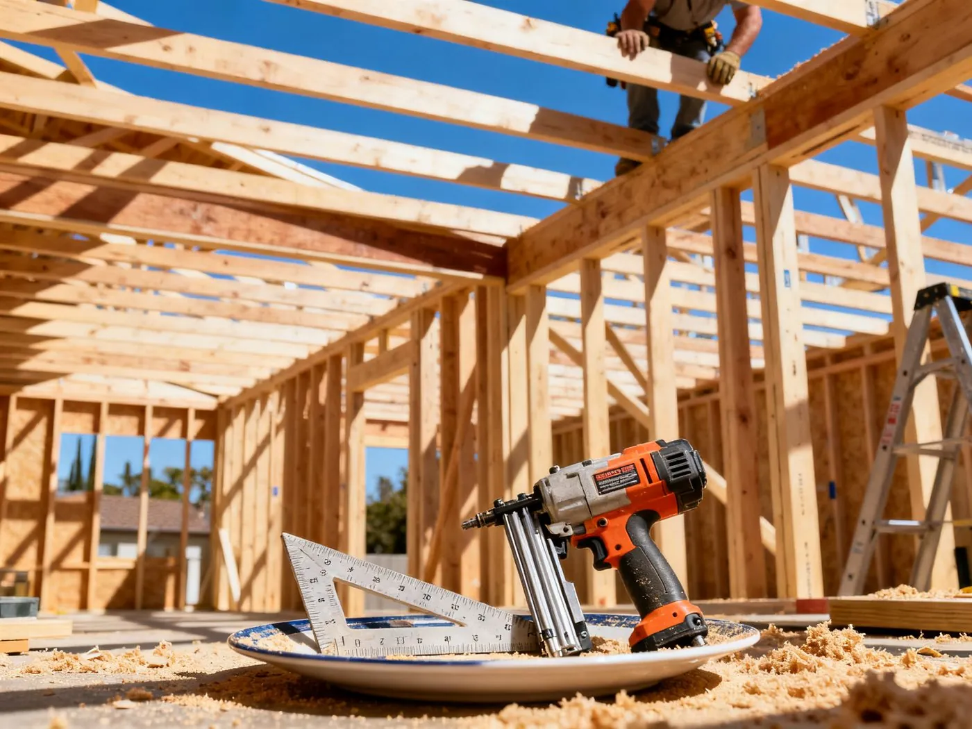 Wood framing of a new room addition being constructed on a California home
