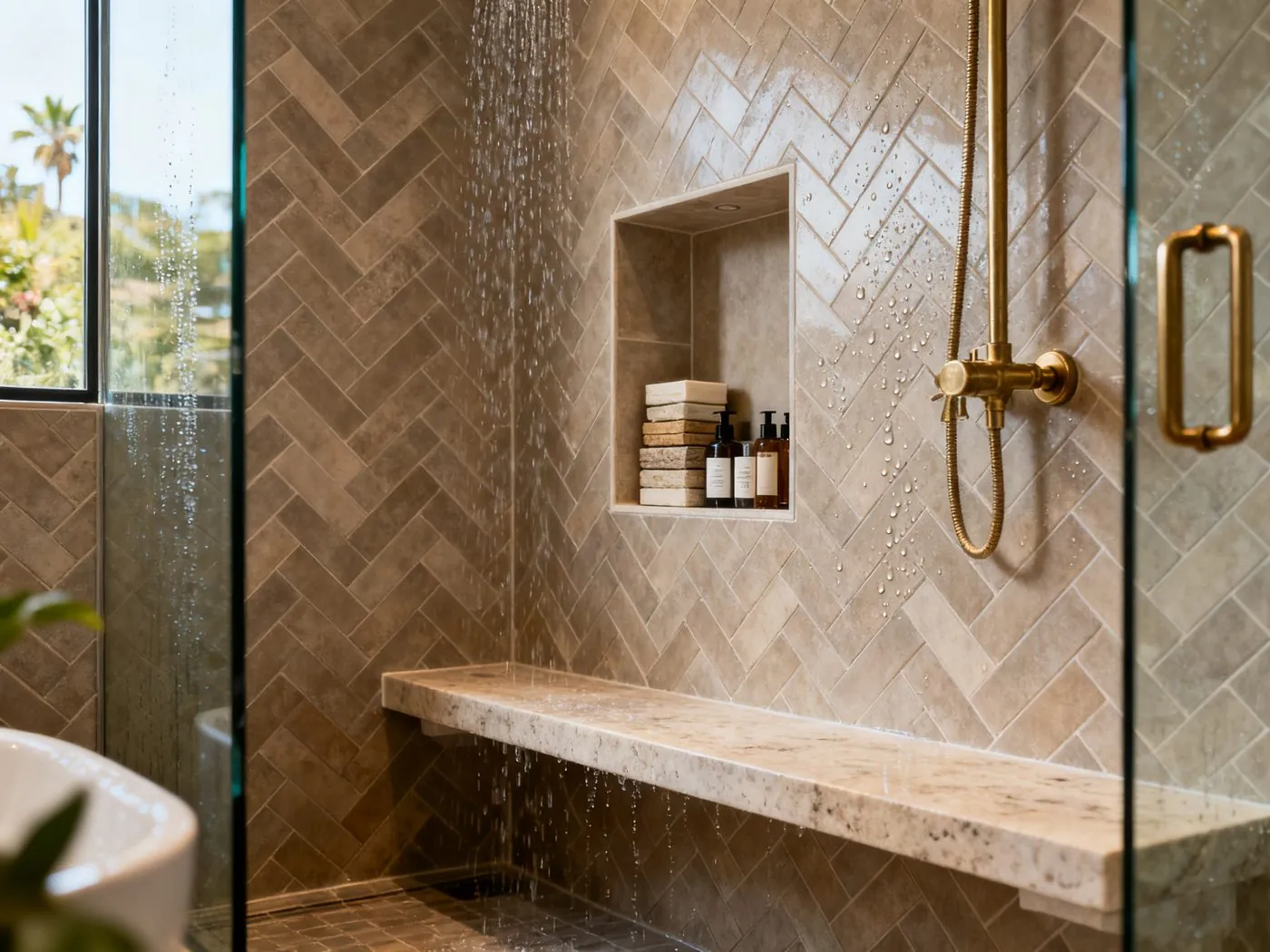 Custom walk-in shower with built-in niche, bench seat, and herringbone wall tile